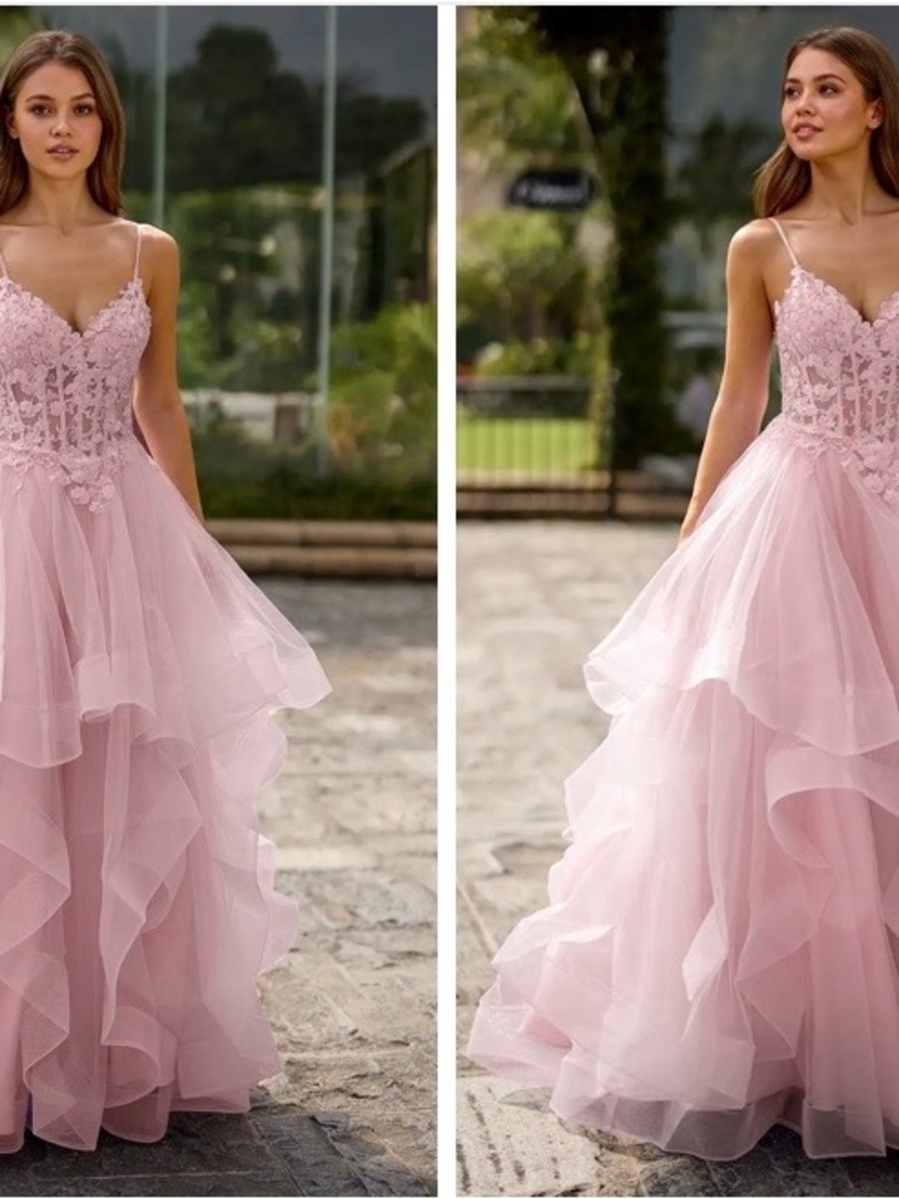 Azazie Blush Pink Lace Appliqué Tulle Ball Gown